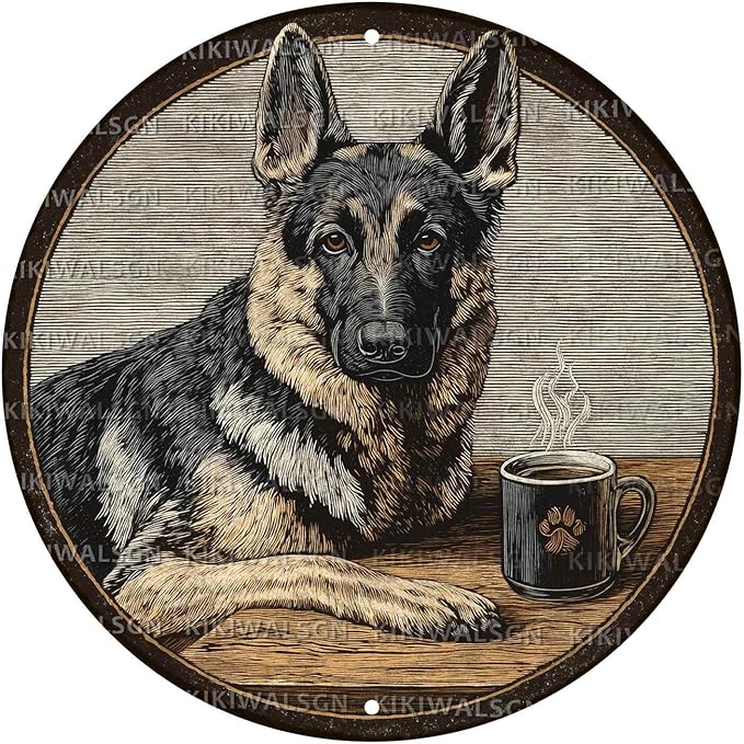 Vintage German Shepherd Dog Round Metal Sign Retro Coffee Tin Sign Nostalgic Dog Lovers Wall Decor Decorations for Home Bedroom Living Room Cafe Bar Man cave Office 12 * 12 In