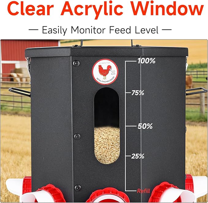 Automatic Chicken Feeder 8 Feeding Ports, 50lbs No-Waste Gravity Poultry Feeder 8 Feeding Ports with Rainproof Lid, Rodent-Proof Large Capacity Metal Chicken Feeder for Hens, Ducks, Birds