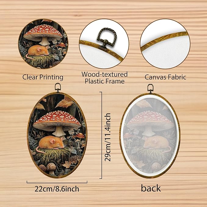Hiuwevt Forest Mushroom Rat Oval Wall Art Decor, Mystical Woods Fern Plant Framed Canvas Prints, Cottagecore Mushroom Botanical Oval Wall Hanging Decor for Home Decorations, 8.6x11.4 Inches