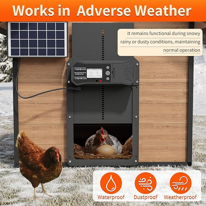 Automatic Chicken Coop Door, LCD Display Aluminum Alloy Automatic Chicken Door with Timer & Light Sensor, Anti-Pinch & Weather Proof, Solar or Battery Powered