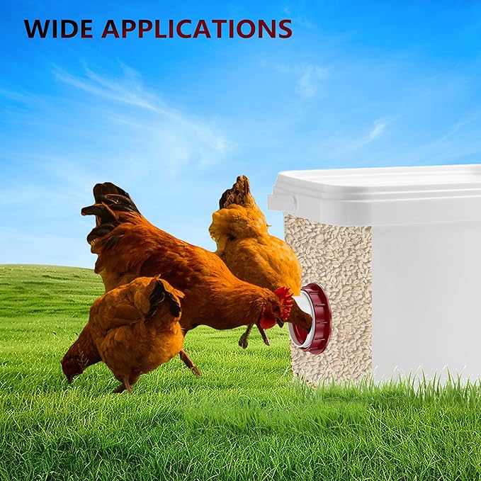 Poultry Feeder No-Waste Automatic Chicken Feeder (6 Ports) - DIY Kit with Hole Saw, Fits Buckets/Barrels/Bins/Troughs (with Covers)