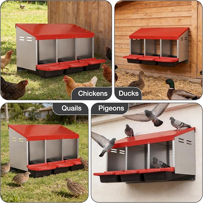 Chicken Nesting Boxes, 3 Compartments Egg Collection with Removable Drawer, Chicken Metal Laying Nest Box for Hens, Easy to Assemble, for Chicken Coop, Red