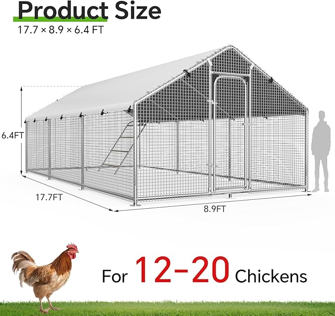Large Metal Chicken Coop Run with Roosting Perch, Outdoor Poultry Cage with Waterproof & UV-Resistant Cover for Chickens, Ducks, Rabbits in Yard or Farm Use, Spire Roof(8.9'W x17.7'L x 6.6'H)