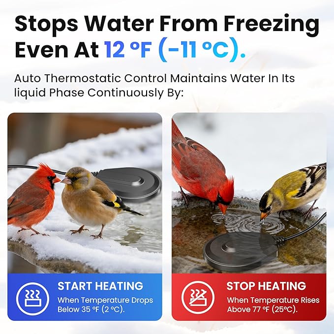 50 Watt Bird Bath De-Icer with Thermostat, Cast Aluminum Submersible Chicken Water Heater, Pond De-Icer, Heated Bird Bath