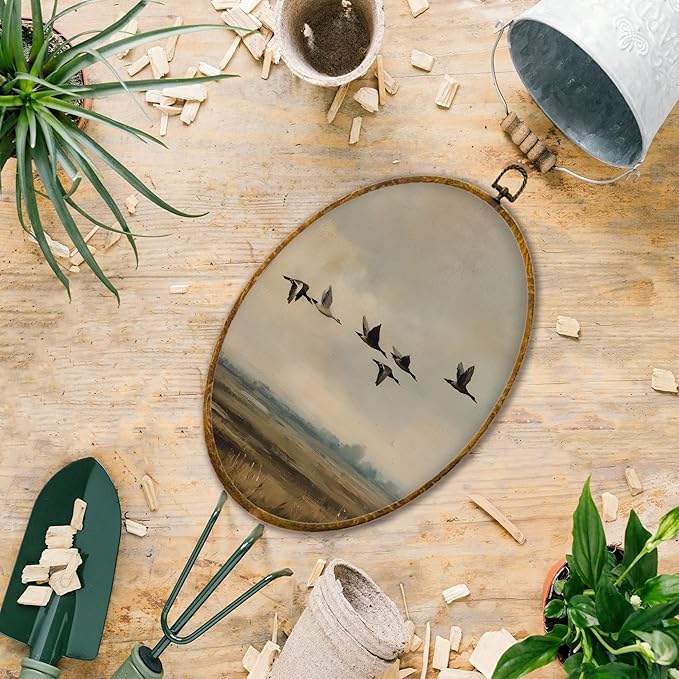 Hiuwevt Moonlight Floral Owl Oval Wall Art Decor, Vintage Farmhouse Waterfowl Framed Canvas Prints, Rustic Mallard Duck Oval Wall Hanging Decor for Country Farm Home Room Decorations, 8.6x11.4 Inches