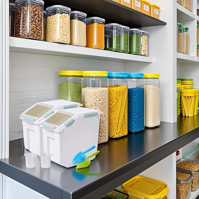 Saim Rice Container 25 lbs, Large Airtight Flour Storage Container with Wheels Measuring Cup, 2 Pack a Set BPA free Food Bin Grain Organizer Box for Dry Baking Supplies Kitchen Pantry Cereal (Green)
