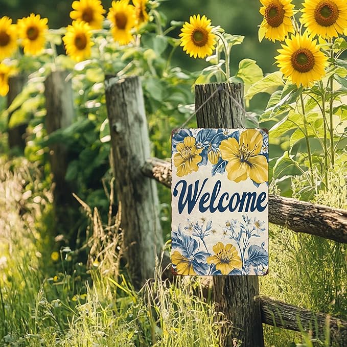 Flowers Vintage Tin Sig Welcome Metal Tin Sign Retro Sign for Home Bar Office Outdoor Wall Decor 8x12inch
