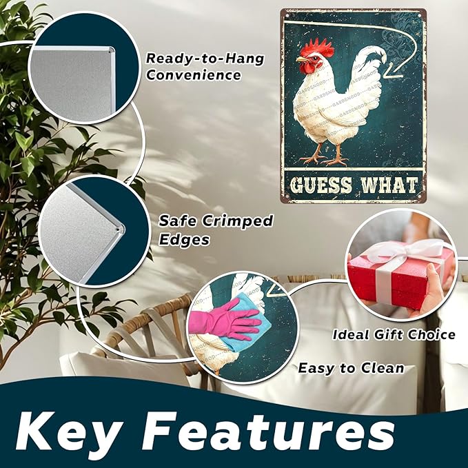 Rustic Chicken Farm Chicken Coop Metal Tin Signs Guess What Chicken Metal Poster Home Garden Farmhouse Restaurant Garage Vintage Aluminium Sign Art Wall Decor 16x12 Inch