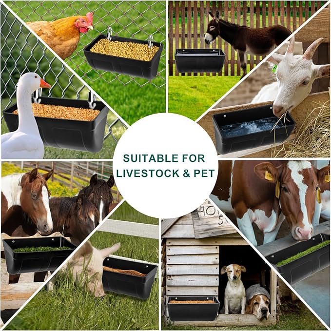 3 Pack Hanging Chicken Feeder Waterer Trough 4 Quart, Goat Feeding Supplies, Coop Fence Feeder, Feed Bucket & Water Container with Clips for Chicken Duck Piglet Sheeple Dog Livestock Poultry (Black)