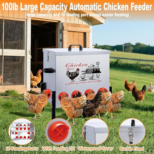 100 LB Automatic Chicken Feeder 10 Port L No-Waste Ports Heavy-Duty Outdoor Metal Feeder with Adjustable Height,Locking Lid & Riveted Handles,Rustproof Feed Box for Poultry & Backyard