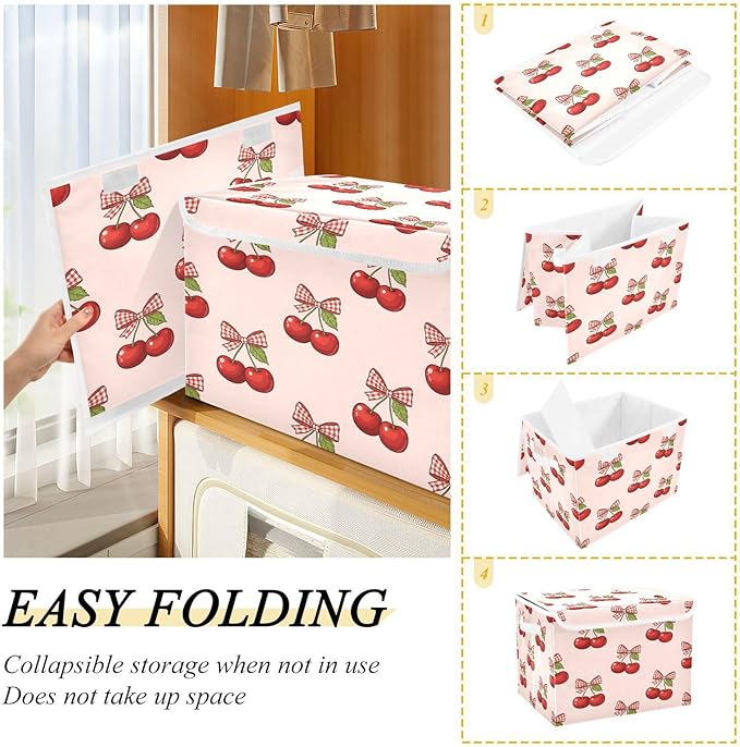 Cherry Bows Pattern Storage Bins with Lids Foldable Storage Basket with Handles Collapsible Large Fabric Organizer Containers for Clothes Shelves Closet Office Home