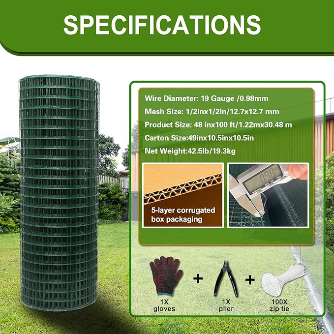 Hardware Cloth 1/2inx 48in x 100ft Chicken Wire, Green Garden Fence, PVC Coated Metal Welded Wire Mesh for Preventing Snakes, Raccoons, Foxes, Poultry Netting