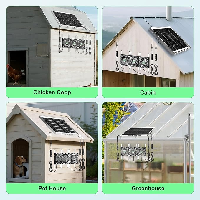 Solar Greenhouse Fan 3 Kit, 30W Large Solar Powered Exhaust and Intake Fan Outdoor Waterproof, Strong Airflow, 16.5ft Cord, for Chicken Coop Grow Tent Shed Air Ventilation and Circulation