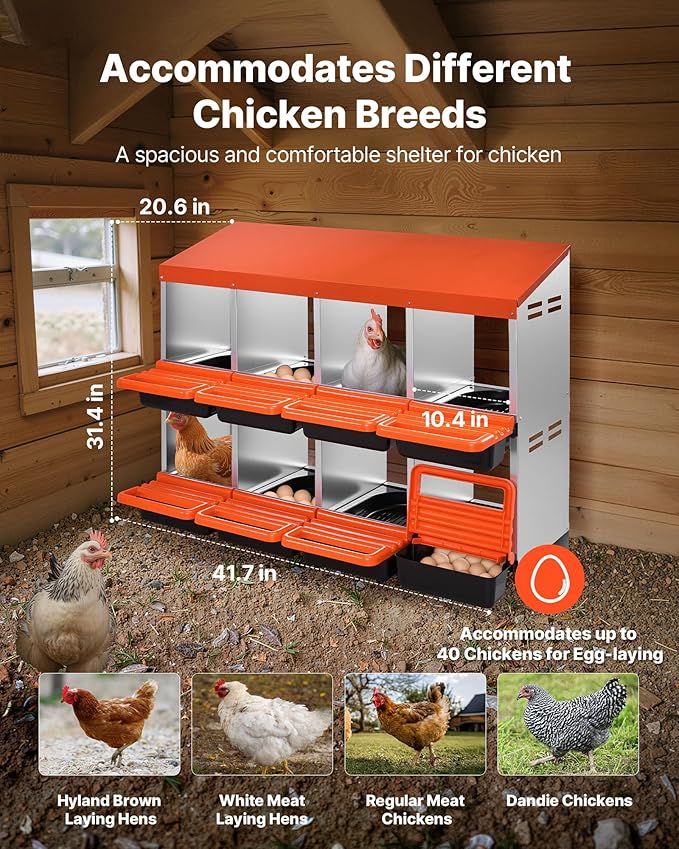 VEVOR 2 Tiers Chicken Nesting Boxes, 8 Compartments, Metal Egg Laying Boxes with Protective Collection Lids, Roll Out Nesting Box, Easy to Assemble, Ideal for Hens, Ducks, Chickens, and Other Poultry