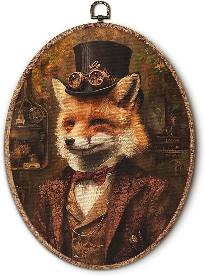 Hxlac Vintage Fox Oval Wall Art Framed, Dark Moody Fox Oval Wall Decor, Rustic Farm Animal Hanging Canvas Prints Wall Sculptures for Farmhouse Home Living Room Bedroom Decor, 8.5x11.5 Inch