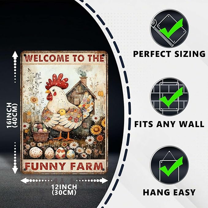Chicken Metal Sign Chicken Coop Metal Decor Welcome To The Funny Farm Tin Signs Vintage Farmhouse Poster Rustic Wall Decor For Home Farm Poultry House Cafe Kitchen Bar Yard Gate 16 * 12 In