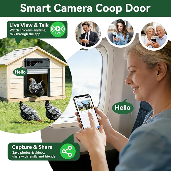 Automatic Chicken Coop Door with Camera, Solar Powered Smart Chicken Door with WiFi App Control, 1080P HD Night Vision, 5000 mAh Battery, Anti-Pinch Safety, Smart Alerts, Space-Saving Roll-Up Design