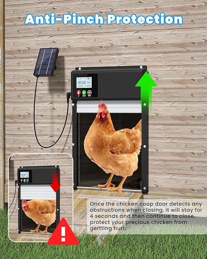 2026 New WiFi Chicken Coop Door Solar Powered with APP Control, Automatic Chicken Coop Door Timer & Light Sensor, Auto Chicken Coop Door Opener, Solar Chicken Coop Door Anti-Pinch Design LCD Display