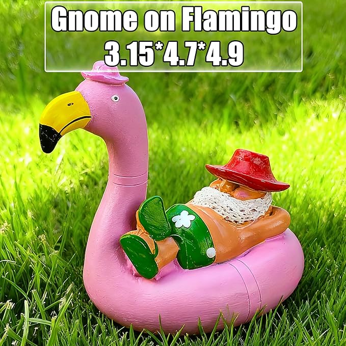 Teaeeno Garden Gnome on Flamingo - Funny Gnome Figurine - Cute Gnome Lawn Statue - for Outdoor or House Decoration