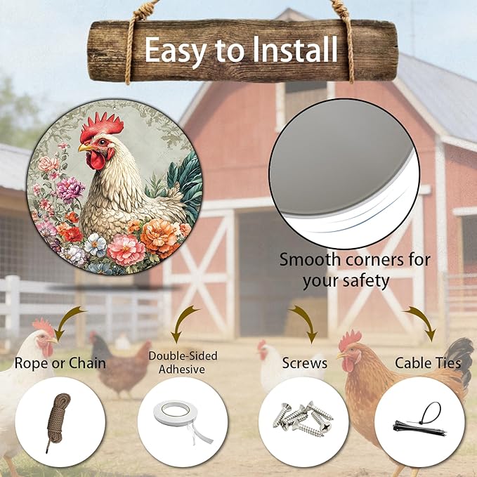 Chicken Coop Hen Round Vintage Metal Tin Sign Flower Kitchen Farmhouse Wall Signs Vintage Wall Art Decoration Poster for Chicken Lovers Decor 12 Inch
