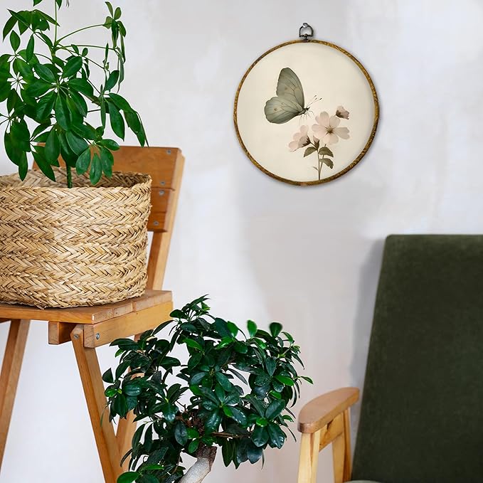 Hiuwevt Vintage Floral Butterfly Round Wall Art Decor, Retro Green Butterfly Floral Framed Canvas Prints, Farmhouse Rustic Round Wall Hanging Decor for Bedroom Living Room Decorations, 10x10 Inches