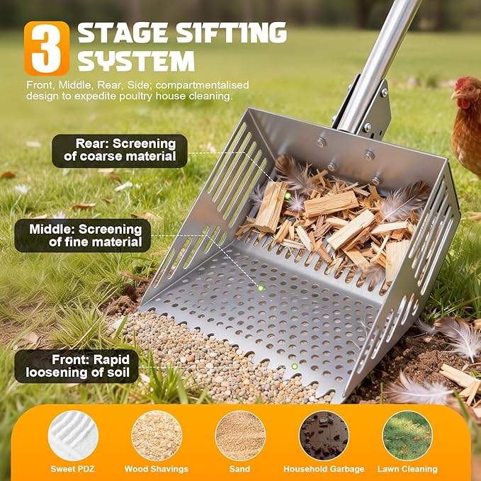Adjustable Chicken Poop Scooper, 24-70" 4-in-1 Sifting Rake & Shovel, Stainless Steel Cleaner for Chicken Coop, Goat Stall, Rabbit Hutch, Pet Waste Large