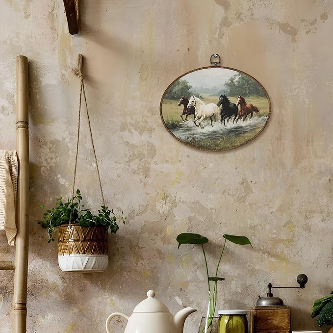 LKETW Vintage Horse Oval Wall Art Decor, Rustic Farmhouse Equestrian Oval Canvas Hanging Decor, Wild Horse Running Wall Decorations for Home Bedroom Living Room, 11.4x8.6 Inch