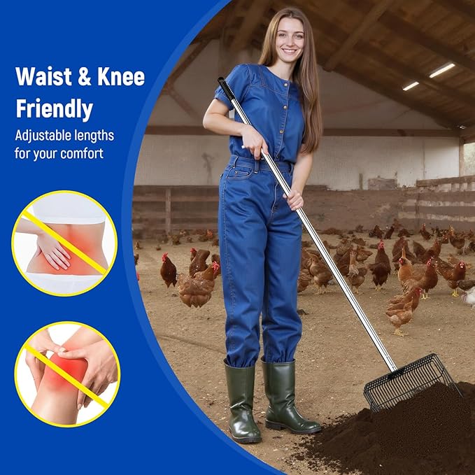 Extra Wide Chicken Poop Scooper 10inch, 3-in-1 Durable Detachable Chicken Coop Scoop for Sand (36 to 66"), Sifting Shovel Pooper Scooper for Chicken Coop/Goat Stall/Stable/Farm Cleaning Must Haves
