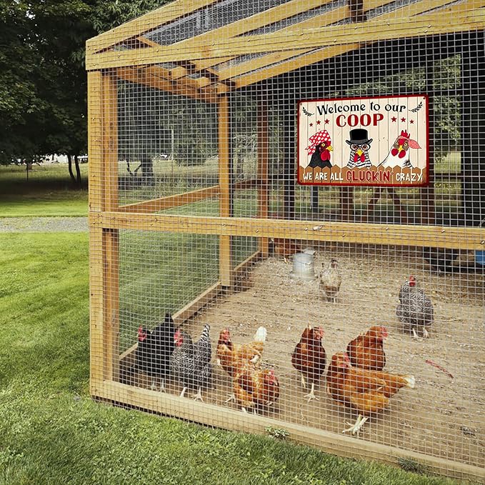 Welcome to Our Coop We Are All Cluckin’ Crazy Metal Tin Sign Funny Chicken Coop Decor Chicken Wall Art Farmhouse Farm Home Coop Entrance Wall Decor 8x12 Inch