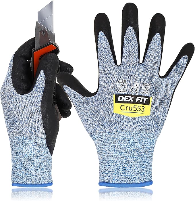 DEX FIT Level 5 Cut Resistant Gloves Cru553, 3D-Comfort Stretchy Fit, Power Grip, Professional Grade, Thin, Touch-Screen Compatible, Durable, Machine Washable; Blue XS (6) 1 Pair