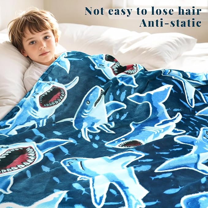 Shark Gifts for Kids, Toddler Blanket for Boys, Shark Toys for Boys Girls, Glow in The Dark Fish Blanket, Soft Cozy Fleece Throw with Cute Ocean Sharks Stuff, Bedroom Decor, 50" x 60"