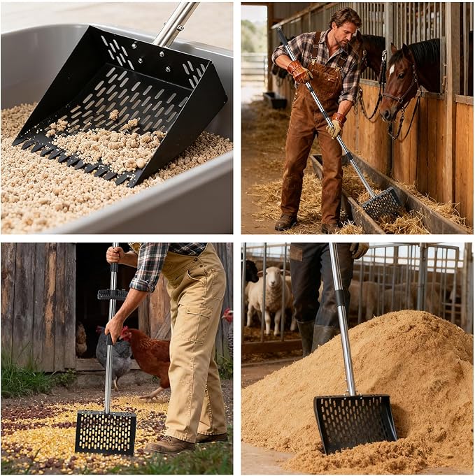 Garvee 9.8'' Chicken Poop Scooper and Rake, 2-in-1 Metal Chicken Coop Scoop with 24'' to 68.9'' Adjustable Stainless Steel Handle, Multifunctional Sifting Shovel for Coops and Small Farm Animals