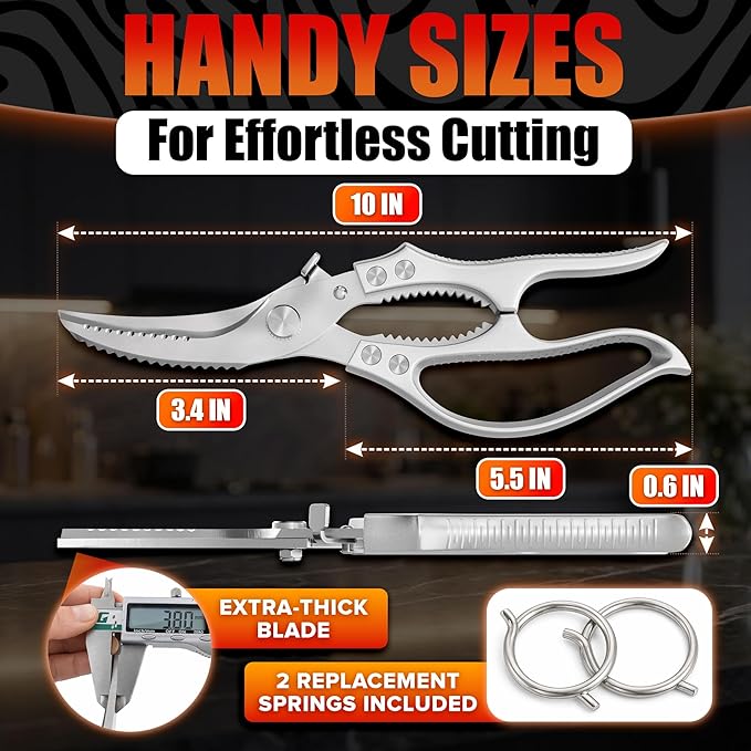 Stainless Steel Poultry Shears – Heavy Duty Kitchen Shears for Food with Hardened Blades, One-Hand Safety Lock, Spring Mechanism, Dishwasher Safe – Chicken, Meat Cutting, Turkey, Fish, and Vegetables