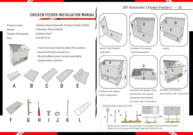 Stainless Steel Poultry Feeder 20Lbs - Manual Feed Quantity Control & Wall Mount Gravity Feeder with Push Pull Lid - Food Dispenser for Chickens Ducks Geese