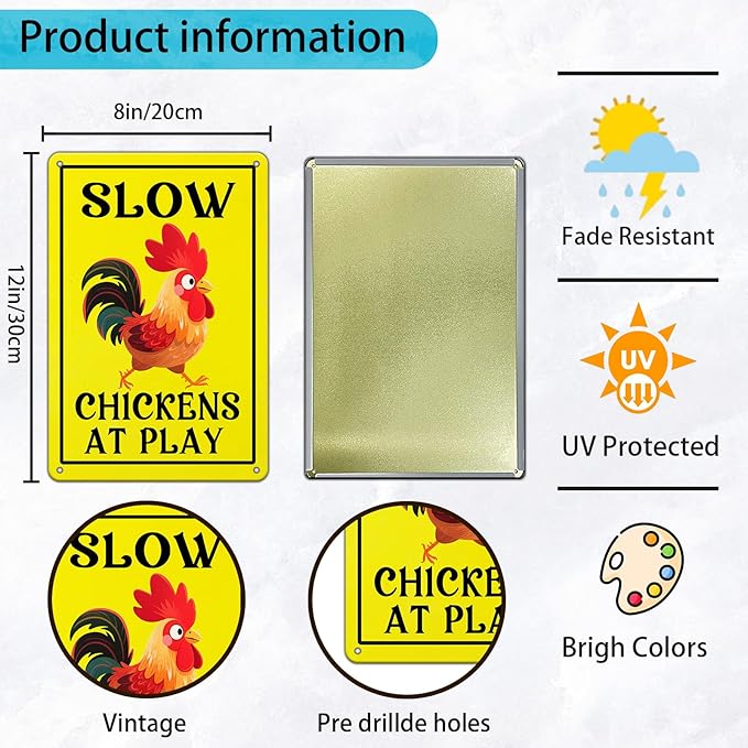 Vintage Slow Tin Sign Chickens at Play Metal Sign Funny Chicken Coop Yard Poster Home Kitchen Coffee Garden Wall Decor 12x8 Inch