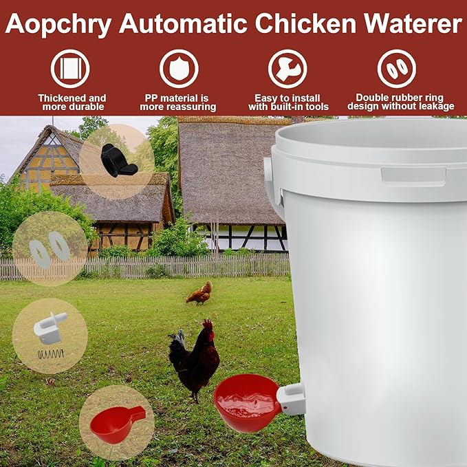 16 Pack Automatic Chicken Waterer, Red Chicken Water Feeder Cups Suitable for Various Poultry, Cup Body Deepened Double Rubber Ring No Leakage, with Mounting Hole Opener