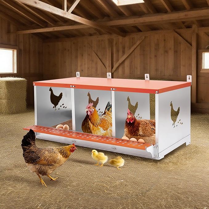 Chicken Nesting Boxes, 3 Hole Metal Chicken Egg Laying Box with Chicken Nesting Pads and Roll Away Egg Collection Easy Egg Collection for Chicken Coop, Backyard, Farms Orange Backyard, Farms Orange