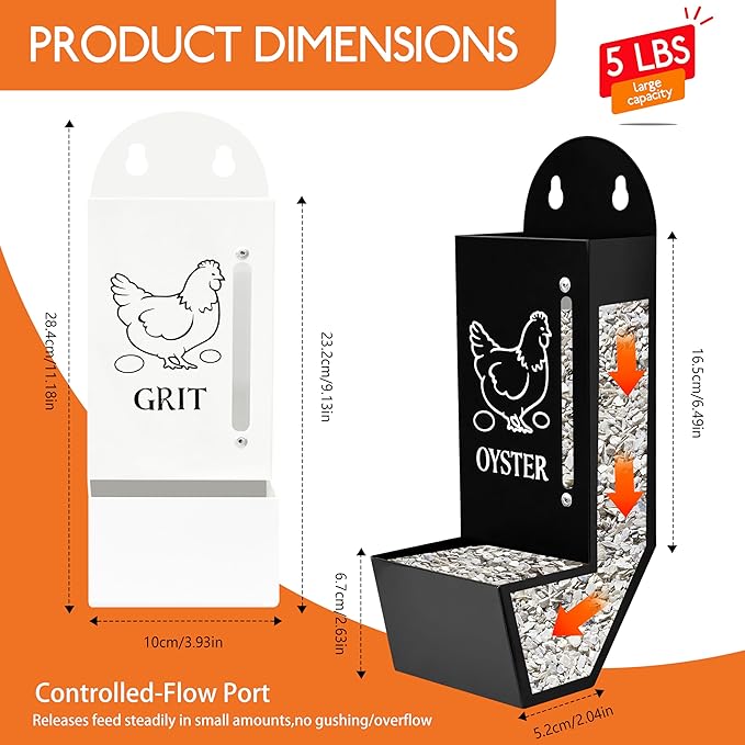 2Pack Chicken Grit and Oyster Shell Feeder, Poultry Feeder with Visual Window, No-Mess Weatherproof, Metal Hanging Gravity Chicken Feeder, Chicken Coop Accessories (Combo-Black/White)