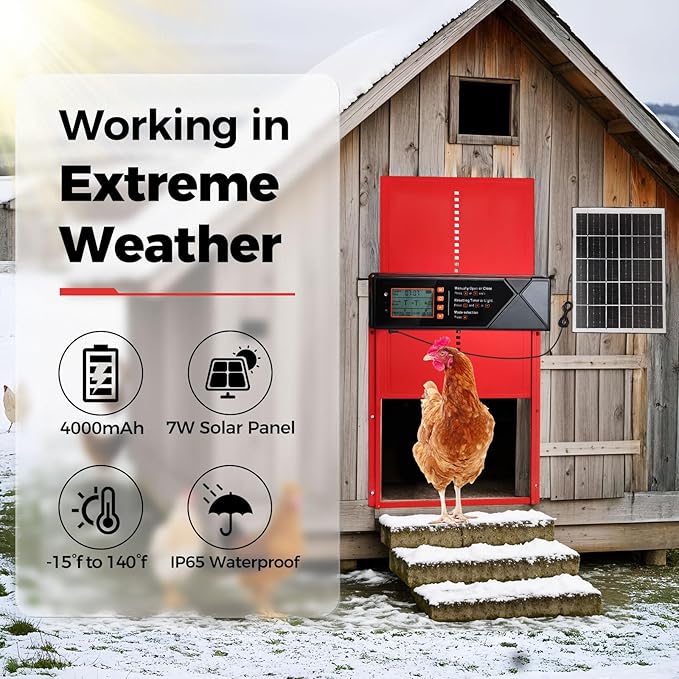 Automatic Chicken Coop Door Solar Powered, 4 Modes Automatic Chicken Door with Timer & Light Sensor, 7W Solar Charging Panel, Waterproof Aluminum Alloy Chicken Door with LED Screen (Red)