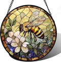 Stained Glass Window Hanging, Vintage Bee Yellow Flower Sun Catcher for Window Door Home Decor Suncatcher Christmas Mother's Day Birthday Gifts for Women Men Mom and Nana 7.8 in