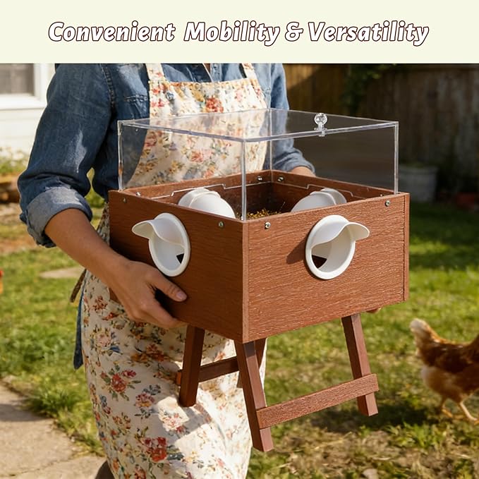 KOL No-Waste Chicken Feeder, 17LB Poultry Feeder with 4 Anti-Spill Ports, Clear-View HIPS & Acrylic Design, Foldable Stand for Hens and Chicks – Automatic Gravity-Flow Feeder