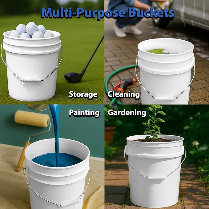 5-Gallon Bucket with Airtight Lid – Made in USA, Food Grade BPA Free Plastic, Heavy Duty Multi-Use, Metal Handle with Grip, Stackable Storage – Natural, 1 Pack