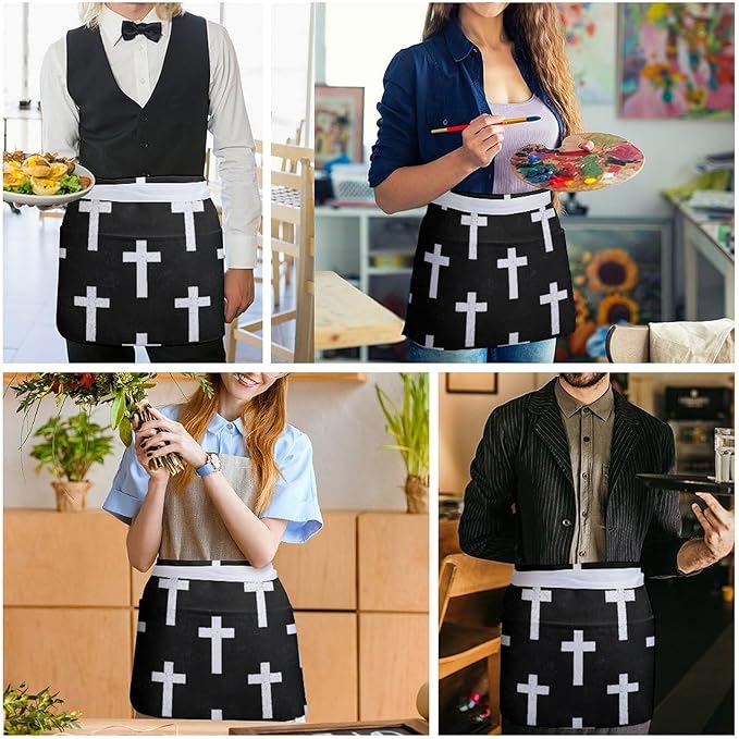 Unisex Apron for Cooking Server Waitress Half Waist Apron with 3 Pockets