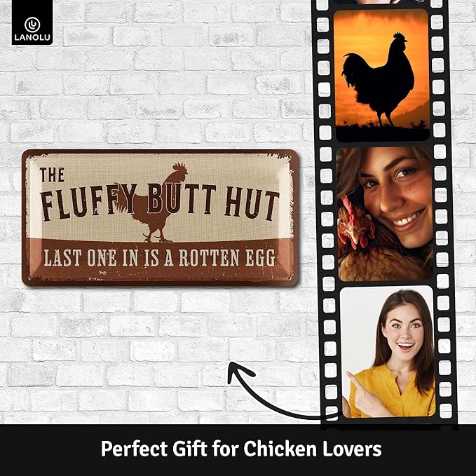 Fluffy Butt Hut Chicken Sign - Funny Coop Decor for Outside & Outdoor - Lover Gifts, Metal Decorations 6.3 x 12.6"