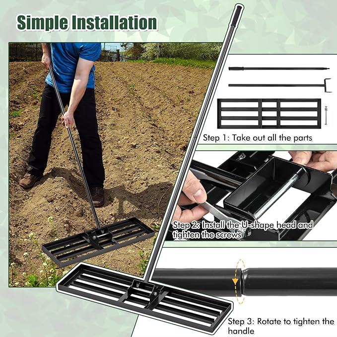 Happygrill Lawn Leveling Rake, Heavy Duty Lawn Level Tool for Soil w/67” Handle, Dirt Ground Leveler, Effort-Saving Landscape Rake for Garden, Backyard, Golf Course, Farm, Pasture (36" x 10", Black)