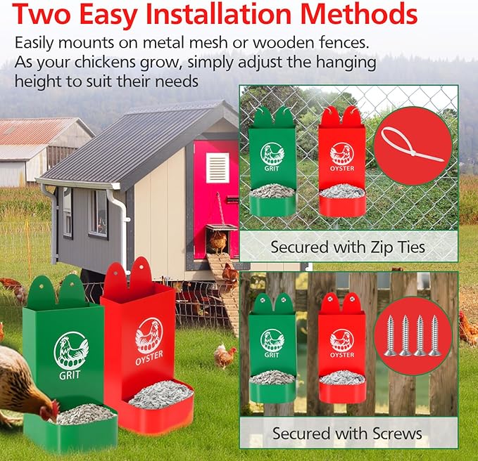 2Pack Chicken Grit and Oyster Shell Feeder for Hens – US Patent Pending – Heavy-Duty Metal Chicken Feeder with Rounded Edges – Chicken Coop Accessories Improve Eggshell Quality and Hen Health