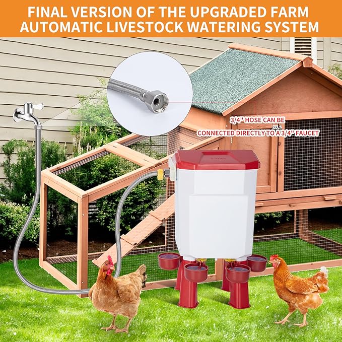 Float Automatic Chicken Drinker for Continuous Fresh Water, Standalone Chicken Drinker with 60 Inch Water Hose, Cleaning Tools,Suitable for Quail,Duck,Turkey and Other Poultry(2 Gallons, Red)