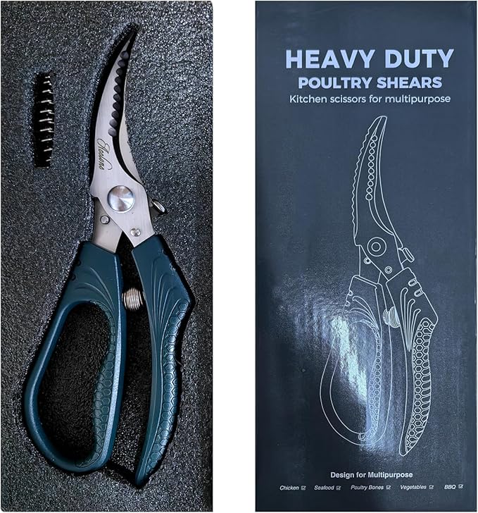 Acelone Poultry Shears - Heavy Duty Kitchen Chicken Shears With Anti-Slip Handle & Safety Lock - Poultry Scissors for Meat, Game, Chicken, Bone, Poultry & More - Spring Loaded.