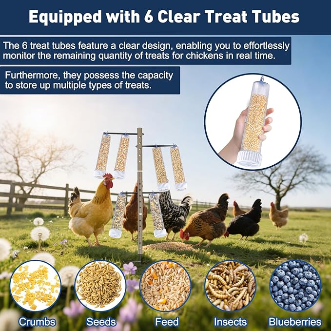 Upgraded Chicken Treat Dispenser, Adjustable Indoor/Outdoor Ground Pole&3 Support Rods, 6 Clear Treat Tubes with Different Types, Easy to Install&Add Food, Fits for Small, Medium&Large Treats