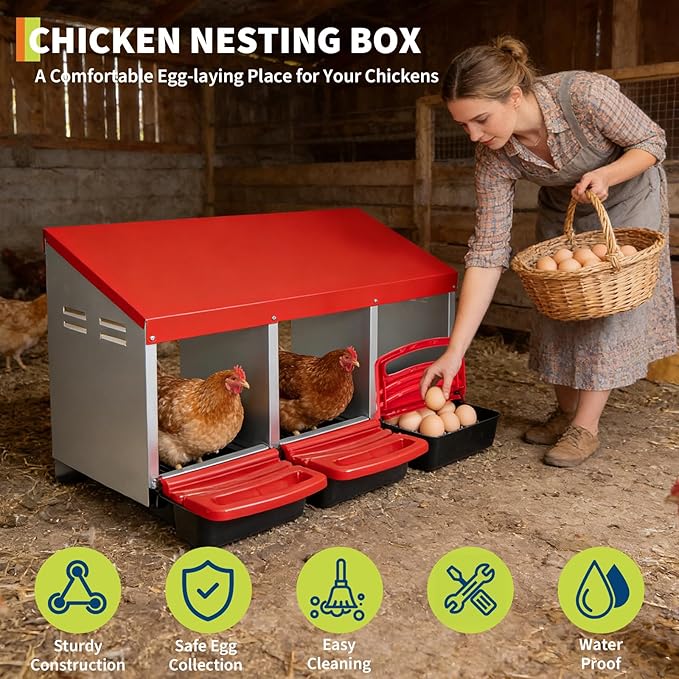Garvee Nesting Boxes for Chickens Laying Eggs, 3 Hole Roll Away Chicken Nesting Boxes, Wall Mount Rollout Egg Collection for Chicken Coop, Easy Egg Collection, Cleanable Pull Out Hen Roosting Boxes